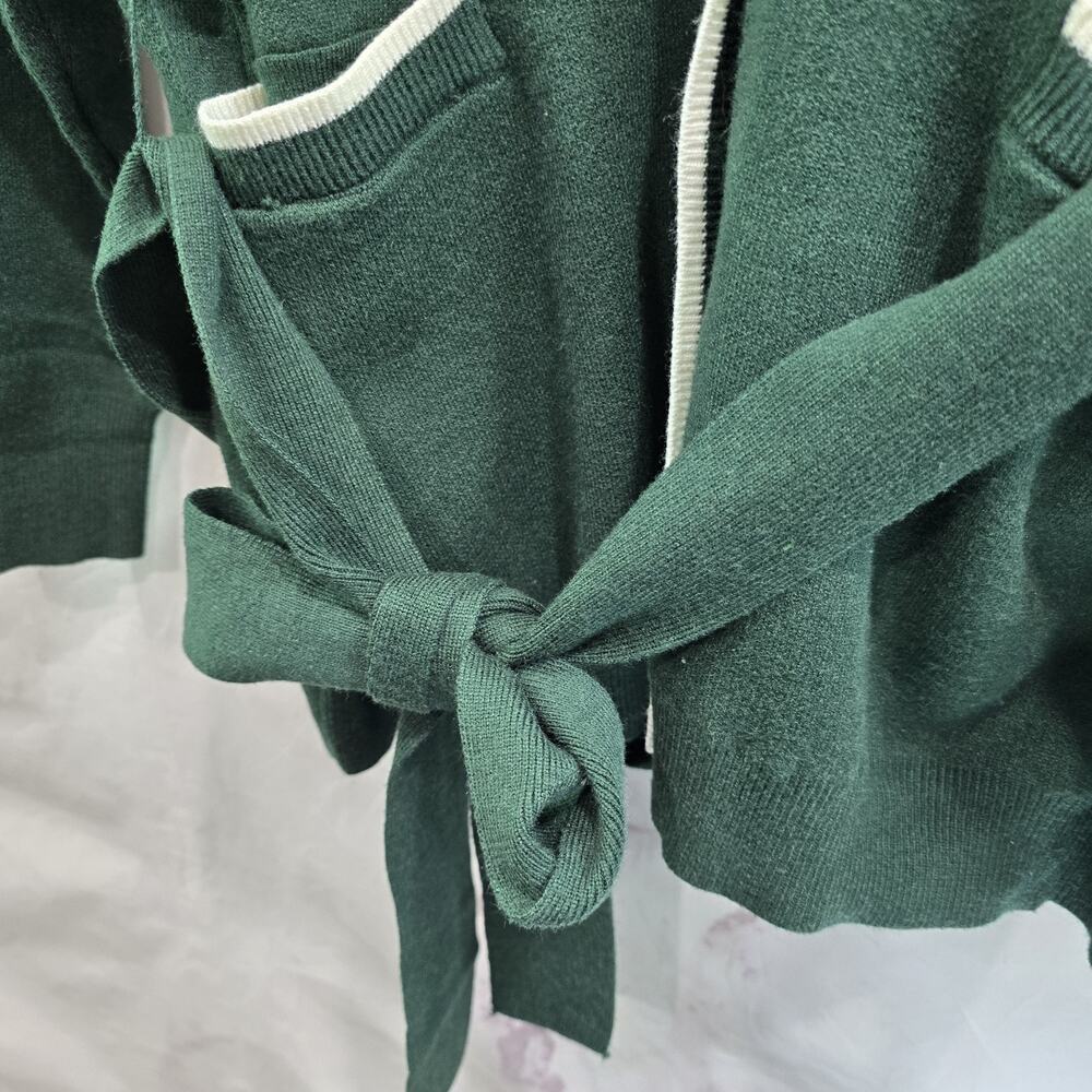 Draper James Sweater Womens 2X Dark Green Cardigan Tie Bow White Trim - Picture 12 of 14